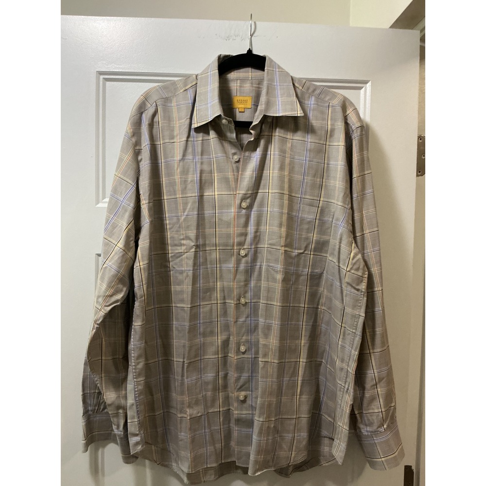 Robert Talbott Carmel Mens Large Plaid Button Down Shirt Tan Blue Long Sleeve